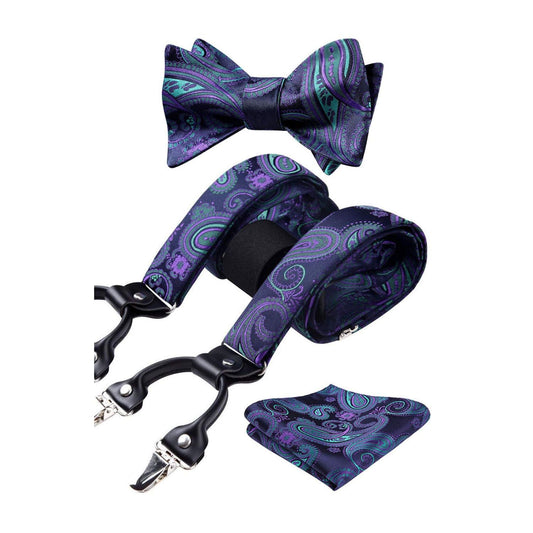 Hisdern Paisley Suspenders Bow Tie Set Blue Purple Formal Accessories