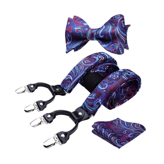 Hisdern Paisley Suspenders Bow Tie Set Purple Blue Formal Accessories
