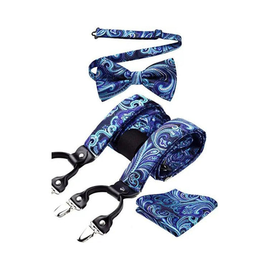 Hisdern Paisley Suspenders Pre-tied Bow Tie Set Blue Formal Accessories