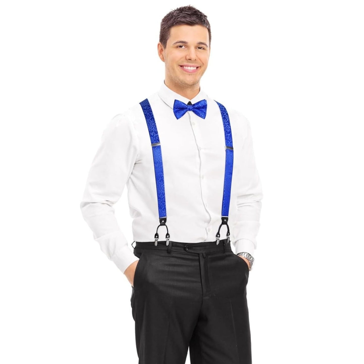 Hisdern Paisley Suspenders Pre-tied Bow Tie Set Royal Blue Formal Accessories