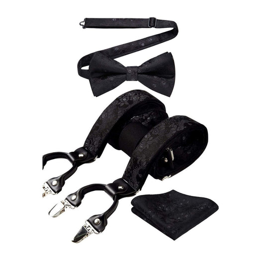 Hisdern Floral Suspenders Pre-tied Bow Tie Set Black Formal Accessories