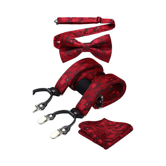 Hisdern Paisley Suspenders Pre-tied Bow Tie Set Red Formal Accessories