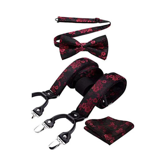 Hisdern Paisley Suspenders Pre-tied Bow Tie Set Red Black Formal Accessories