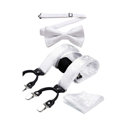 Hisdern Floral Suspenders Pre-tied Bow Tie Set White Formal Accessories