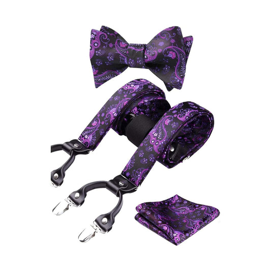 Hisdern Paisley Suspenders Bow Tie Set Purple Black Formal Accessories