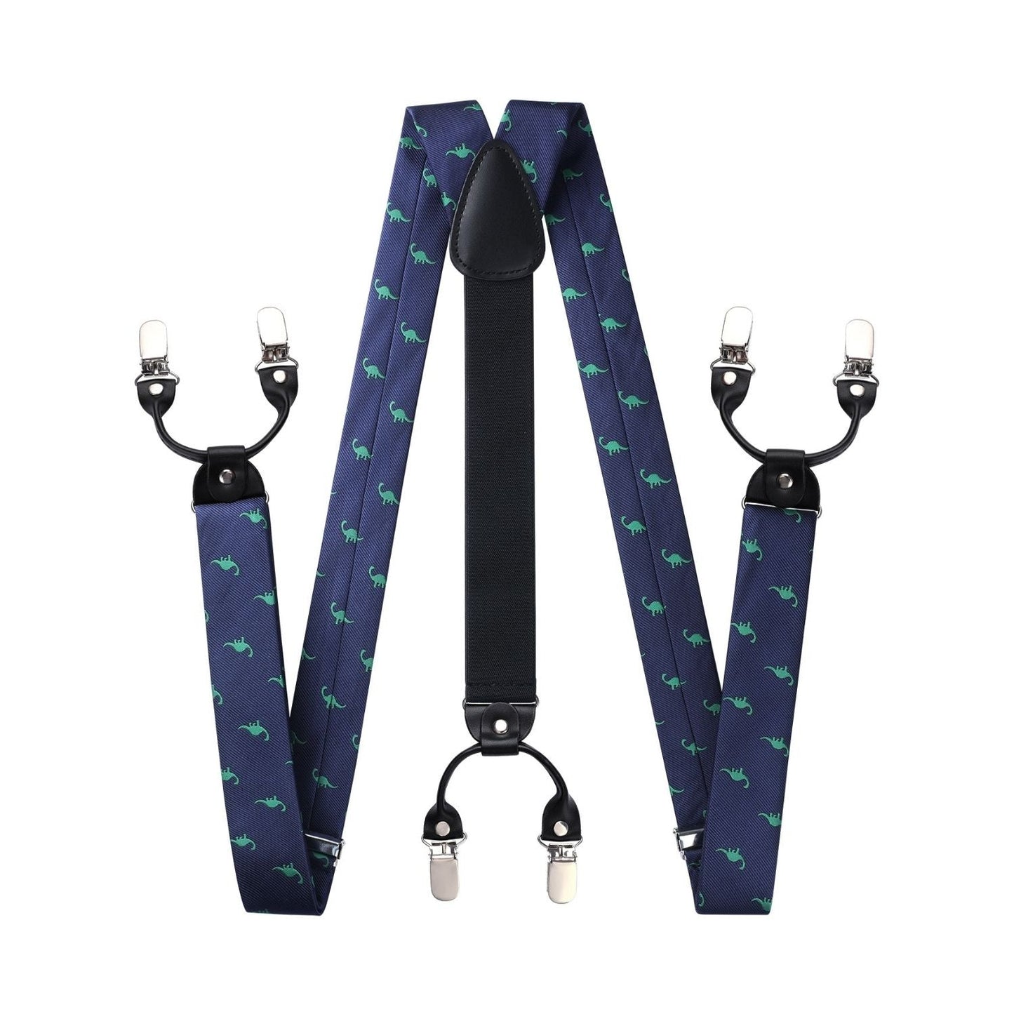 Hisdern Dinosaur Print Suspenders Bow Tie Set Navy Blue Costume Party Outfit