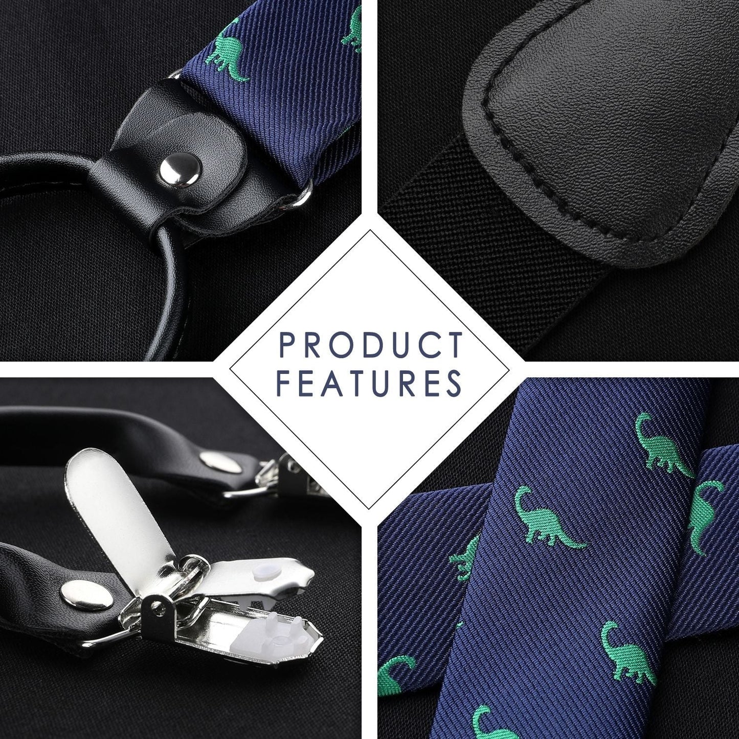Hisdern Dinosaur Print Suspenders Bow Tie Set Navy Blue Costume Party Outfit