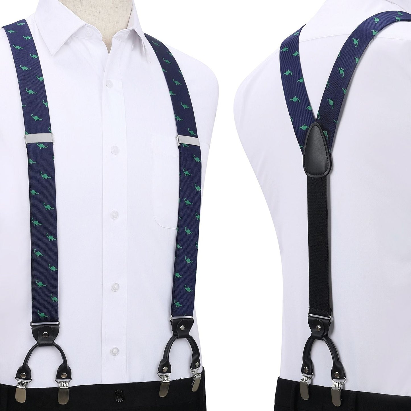Hisdern Dinosaur Print Suspenders Bow Tie Set Navy Blue Costume Party Outfit