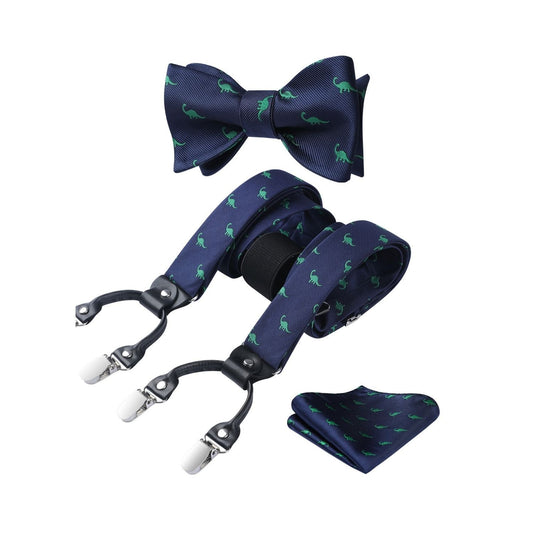 Hisdern Dinosaur Print Suspenders Bow Tie Set Navy Blue Costume Party Outfit