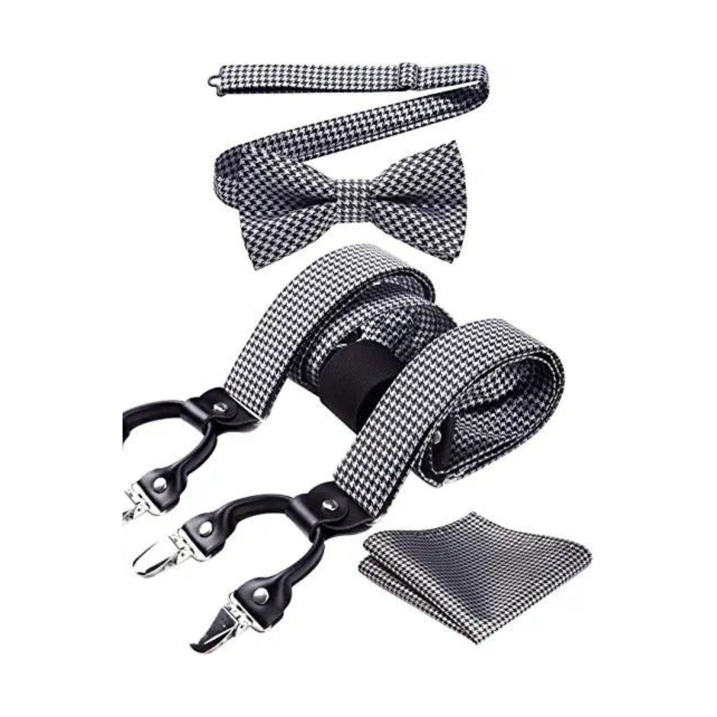 Hisdern Plaid Suspenders Pre-tied Bow Tie Set Black White Pattern Accessories