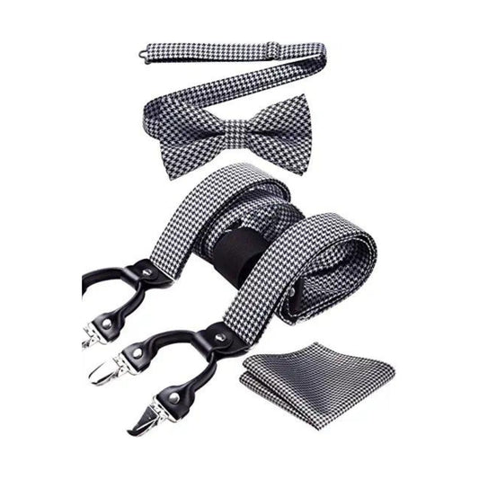 Hisdern Plaid Suspenders Pre-tied Bow Tie Set Black White Pattern Accessories