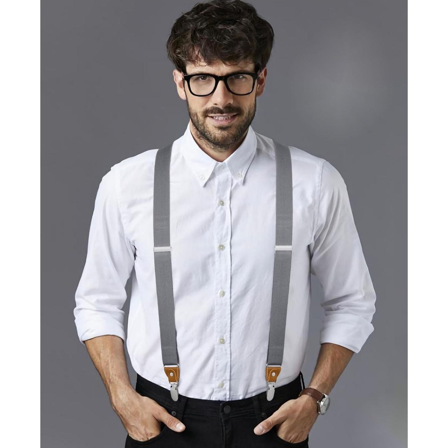 Hisdern Classic Grey Suspenders Y-Back Adjustable Fit for Men