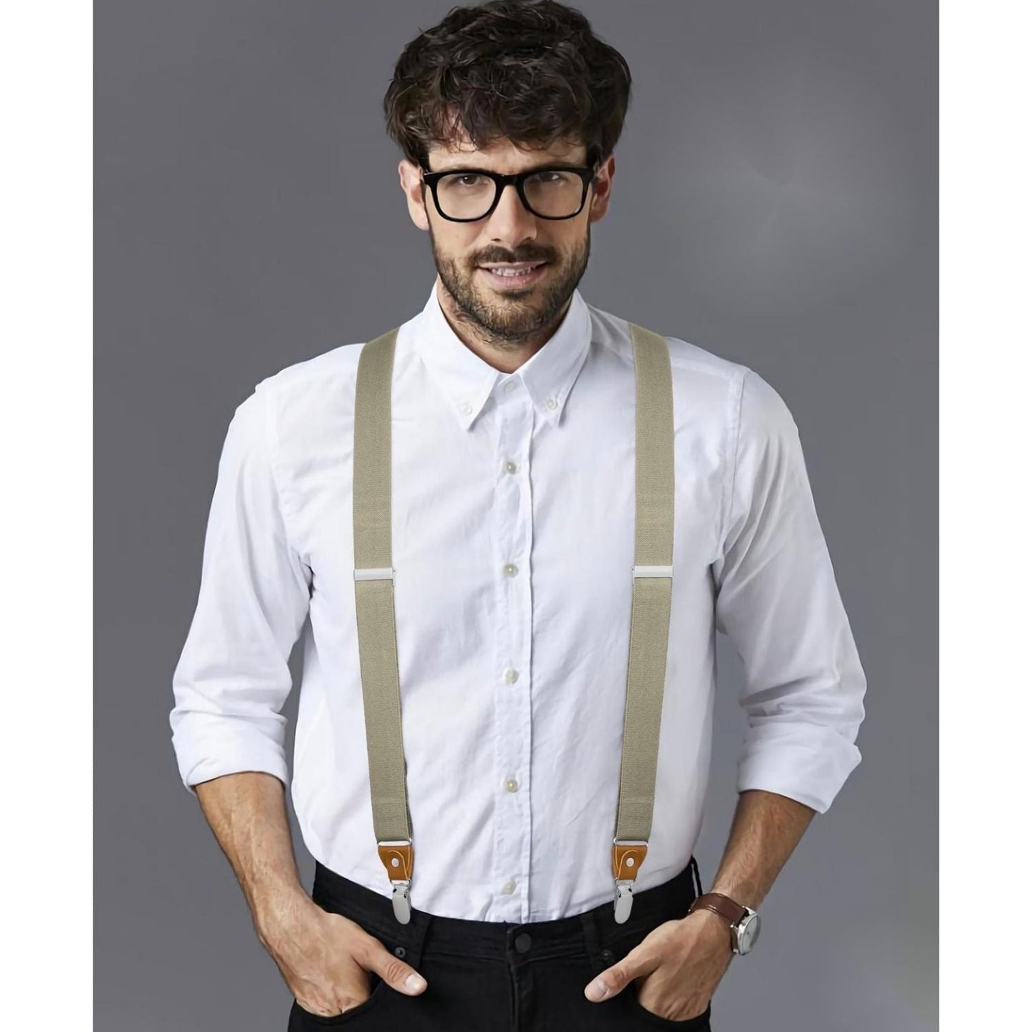 Hisdern Classic Beige Suspenders Y-Back Adjustable Fit for Men