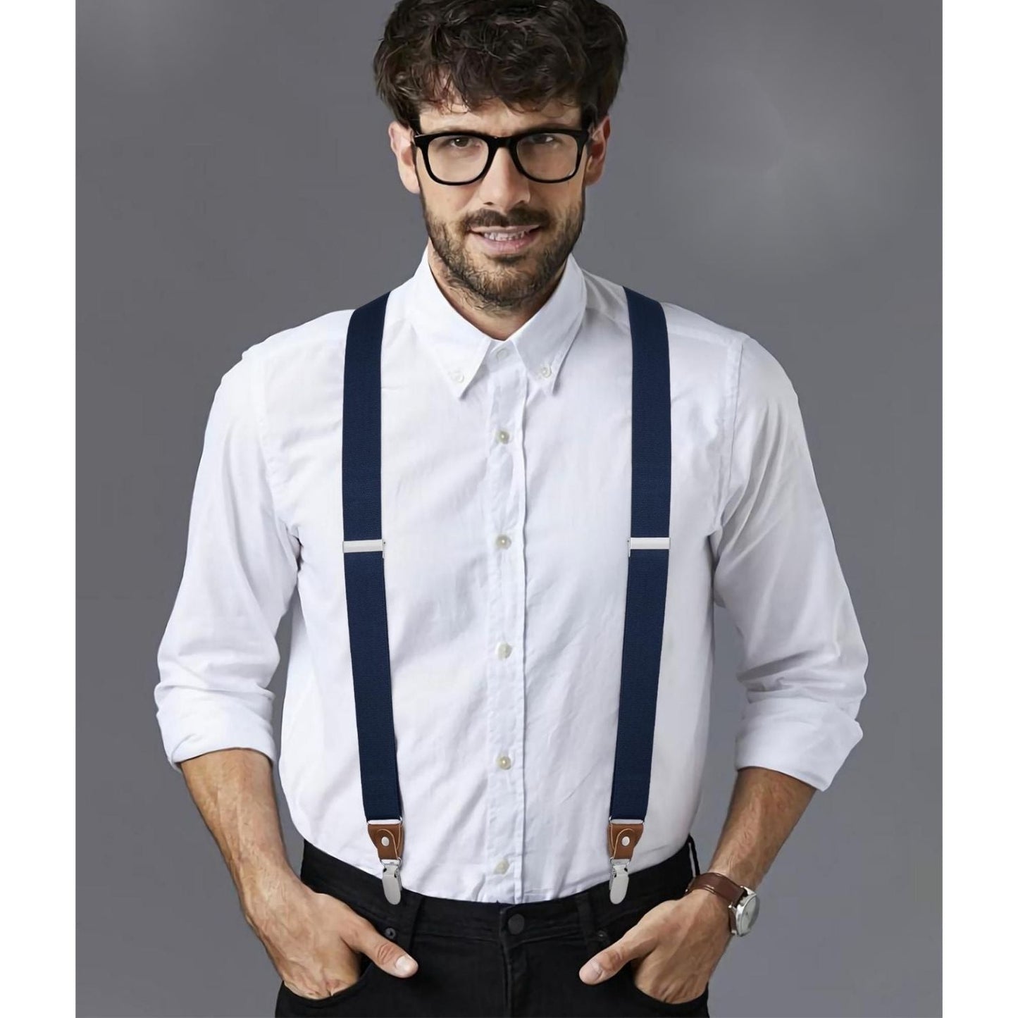 Hisdern Classic Navy Blue Suspenders Y-Back Adjustable Fit for Men