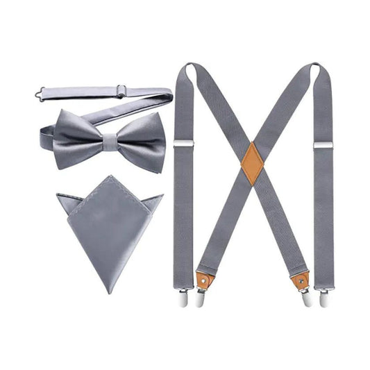 Hisdern Grey Solid Suspenders Pre-Tied Bow Tie Set Formal Wedding