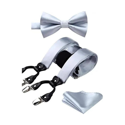 Hisdern Solid Suspenders Pre-Tied Bow Tie Set Silver Formal Wedding Outfit