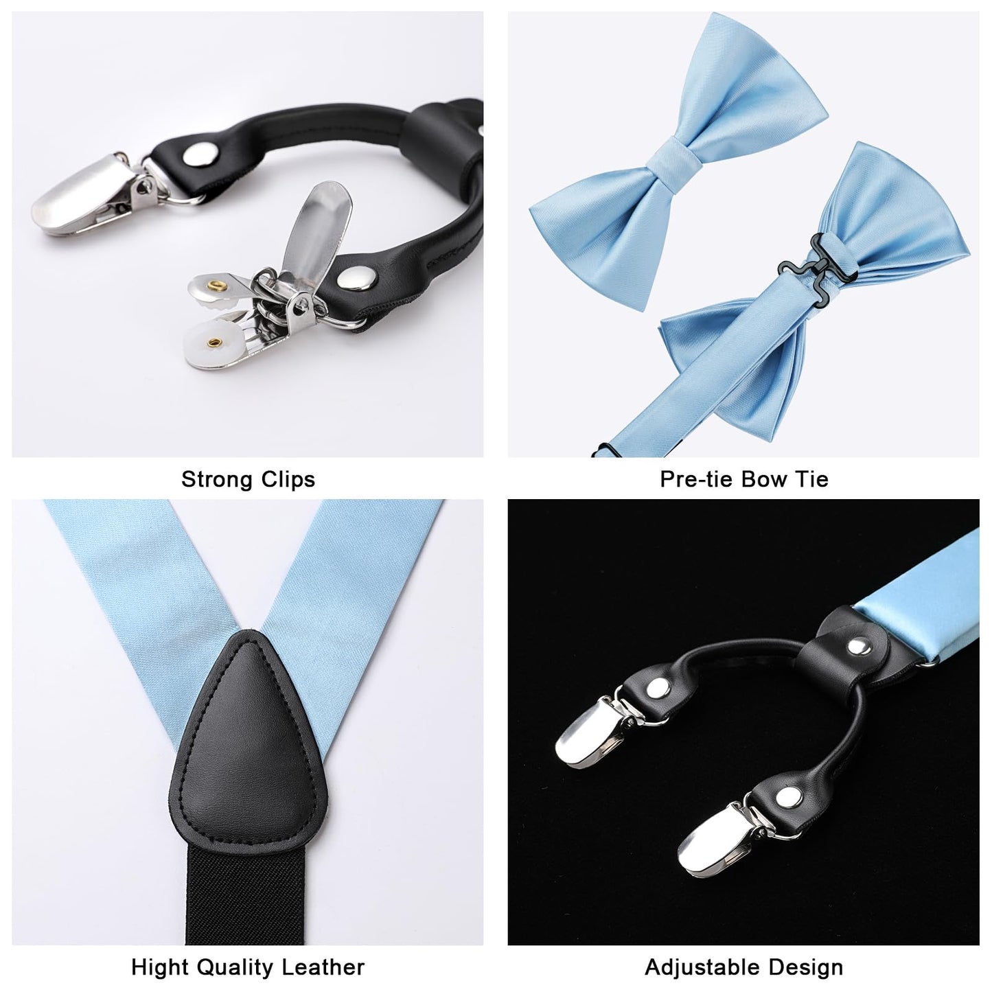 Hisdern Solid Suspenders Pre-Tied Bow Tie Set Baby Blue Formal Wedding Outfit