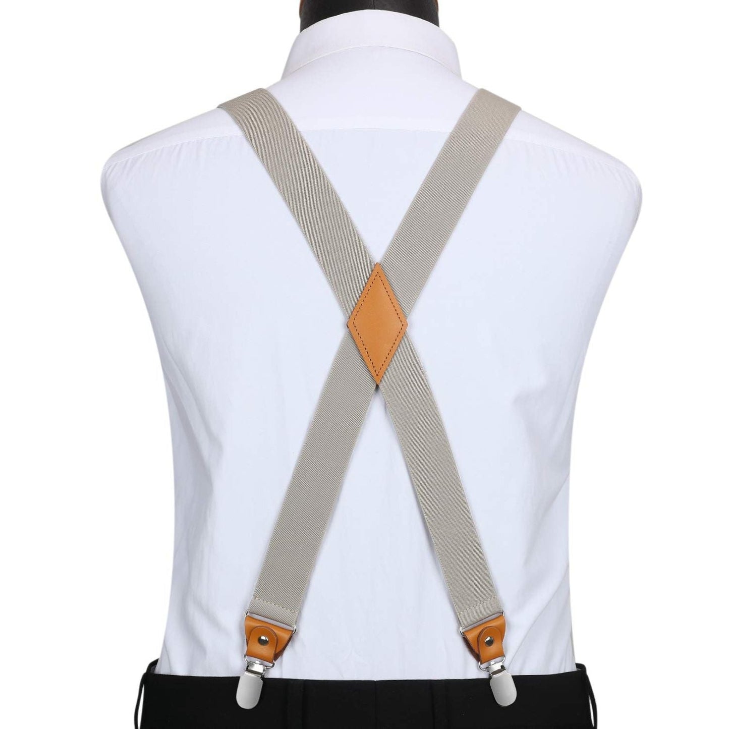 Hisdern 1.4 Inch Adjustable Suspender Khaki with 4-Clip for Formal Pants