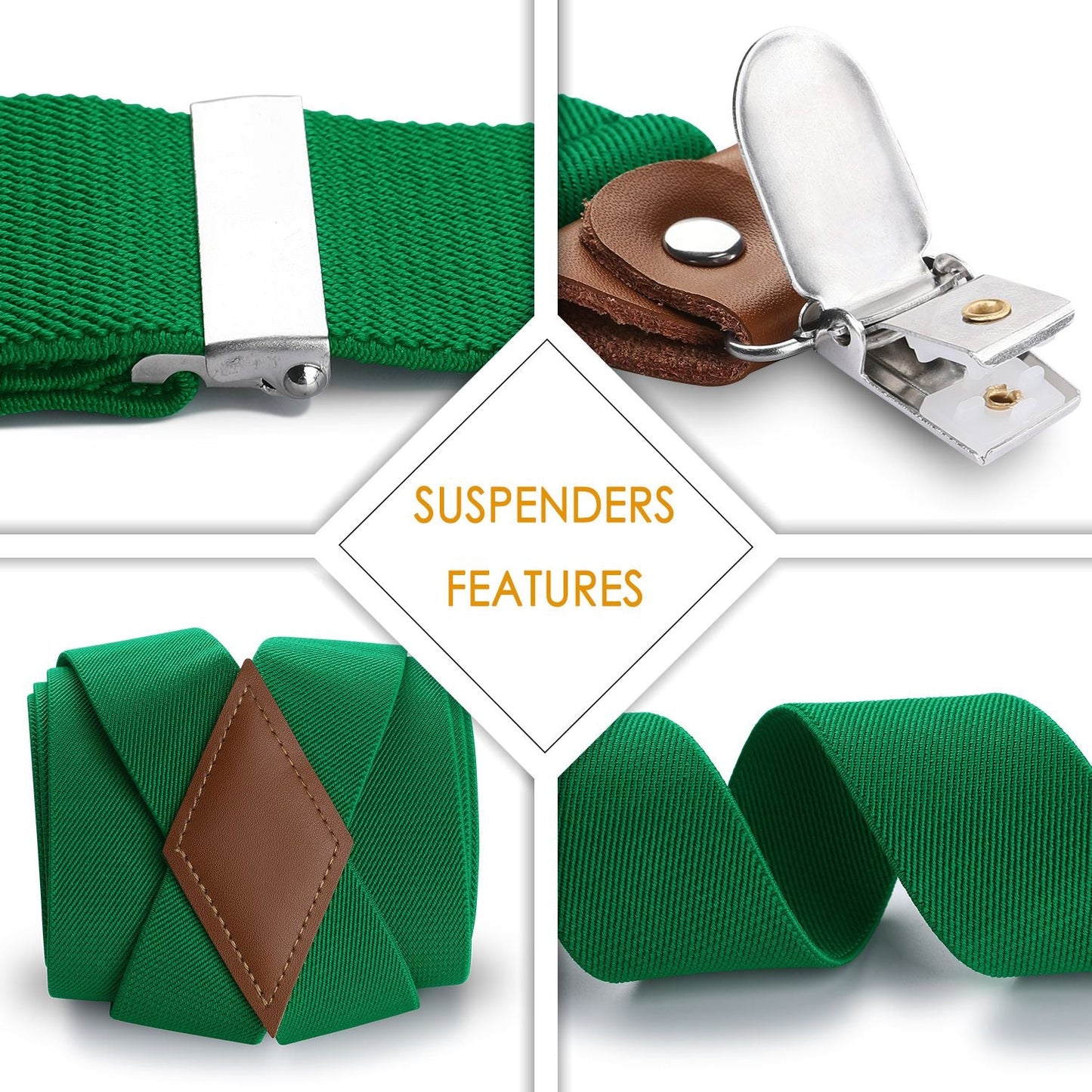 Hisdern 1.4 Inch Adjustable Suspender Green with 4-Clip for Formal Pants