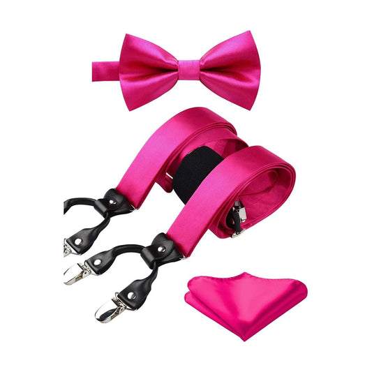 Hisdern Solid Suspenders Pre-Tied Bow Tie Set Hot Pink Formal Wedding Outfit