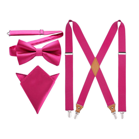 Hisdern Hot Pink Solid Suspenders Pre-Tied Bow Tie Set Formal Wedding
