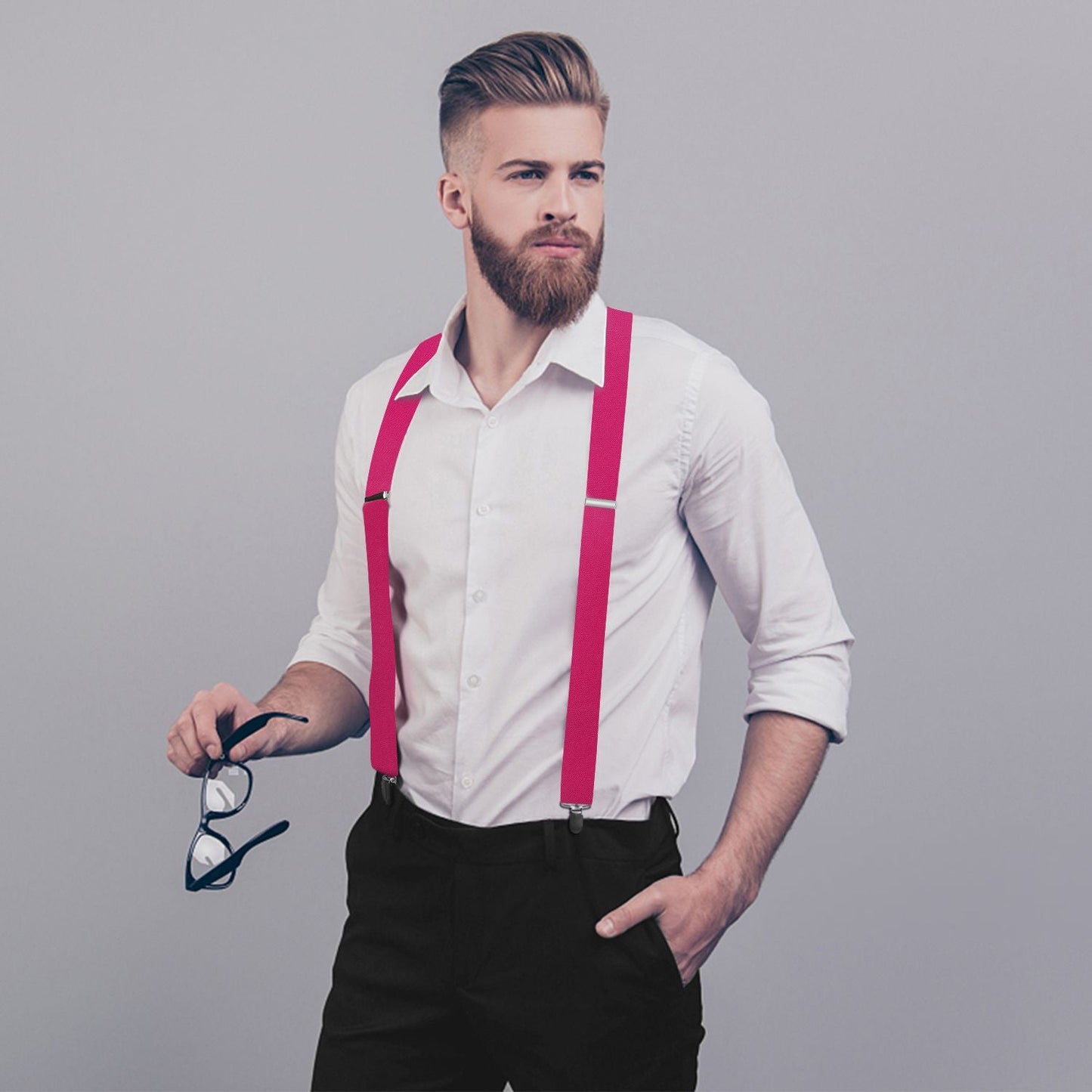 Hisdern Hot Pink Solid Suspenders Pre-Tied Bow Tie Set Formal Wedding