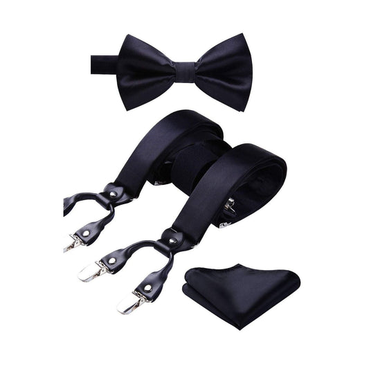 Hisdern Solid Suspenders Pre-Tied Bow Tie Set Black Formal Wedding Outfit