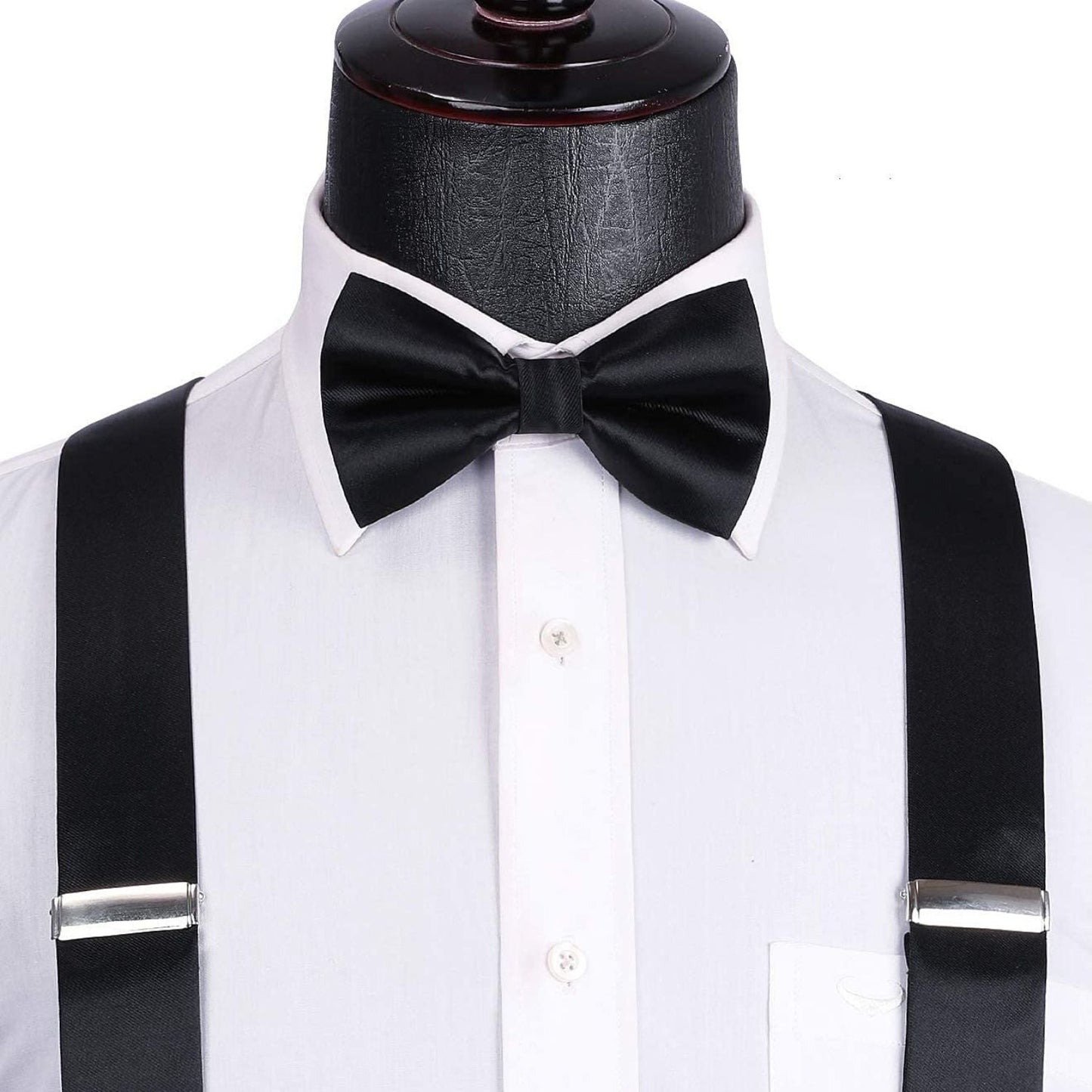 Hisdern Solid Suspenders Pre-Tied Bow Tie Set Black Formal Wedding Outfit