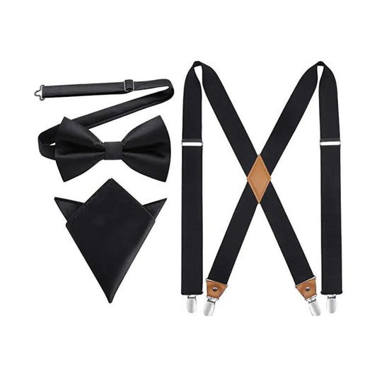Hisdern Black Solid Suspenders Pre-Tied Bow Tie Set Formal Wedding