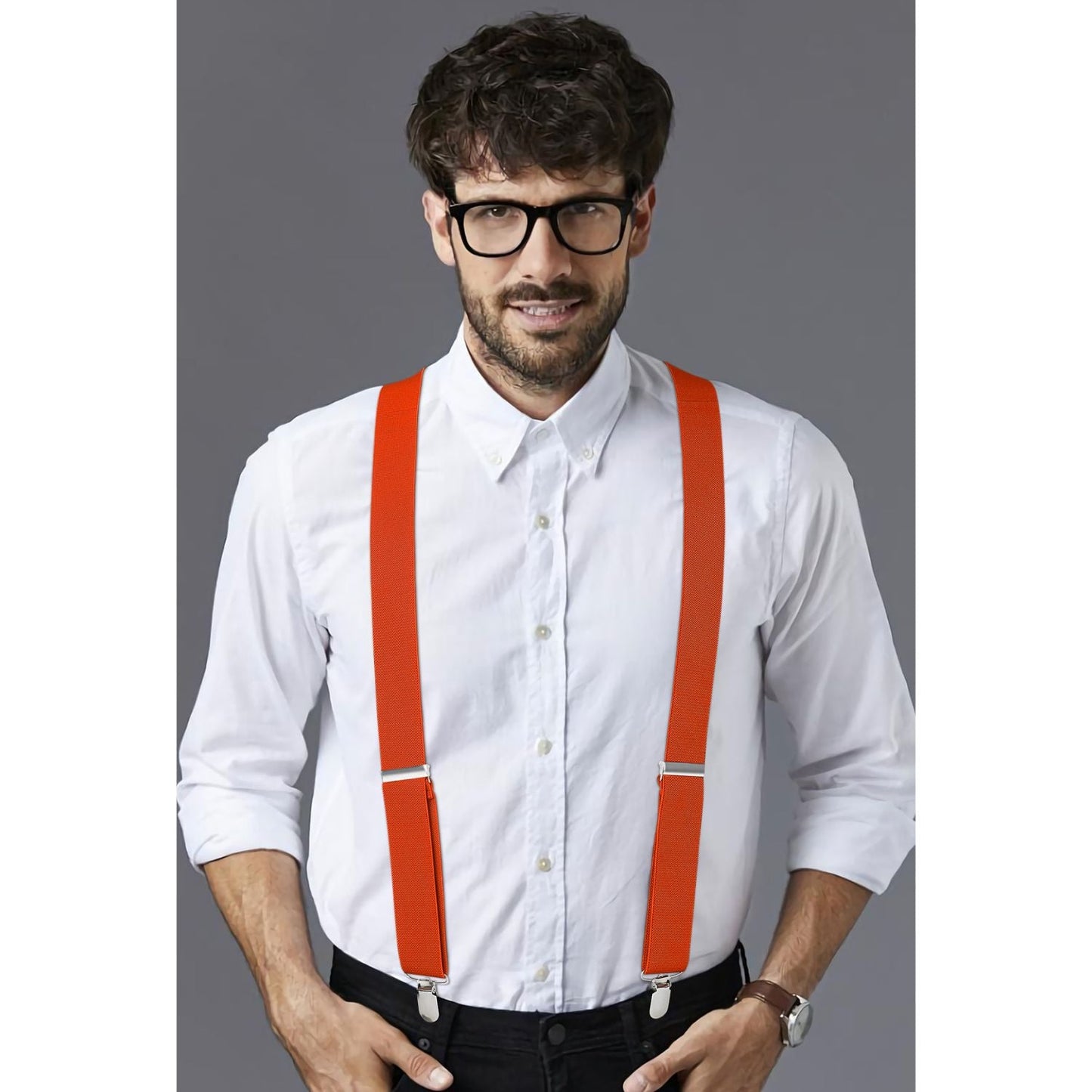 Hisdern 1.4 Inch Adjustable Suspender Orange with 4-Clip for Formal Pants