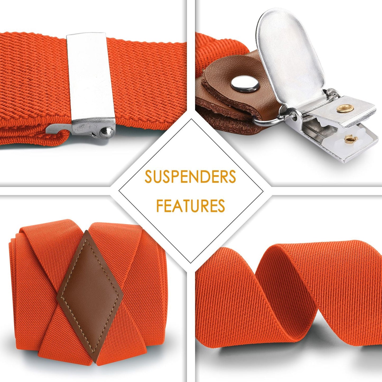 Hisdern 1.4 Inch Adjustable Suspender Orange with 4-Clip for Formal Pants