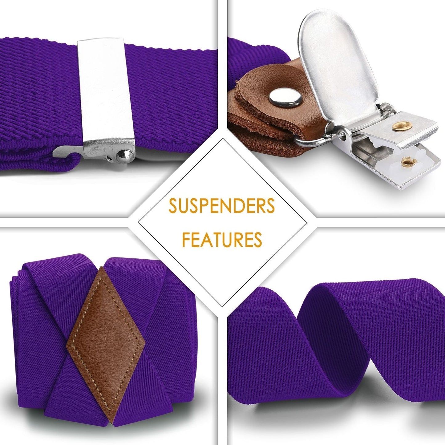 Hisdern 1.4 Inch Adjustable Suspender Purple with 4-Clip for Formal Pants