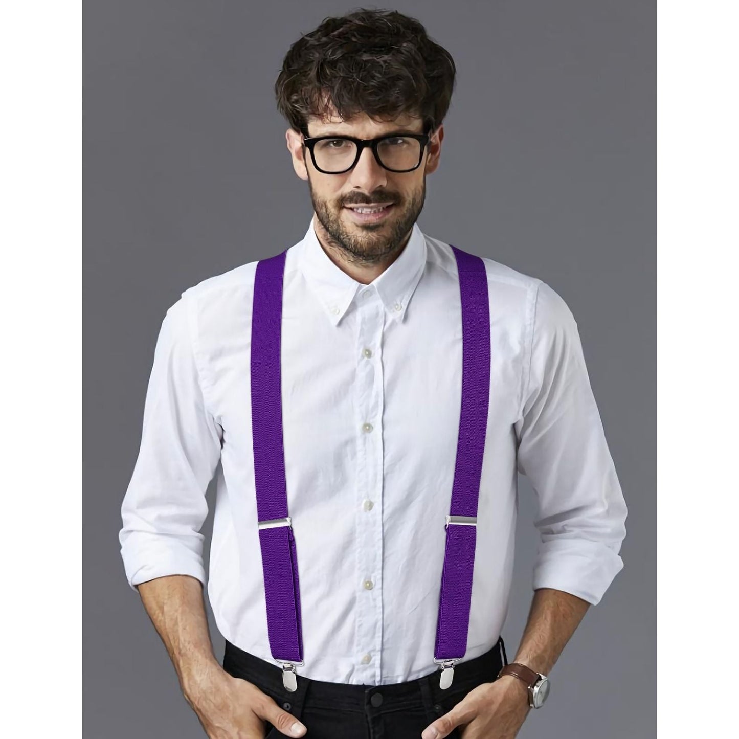 Hisdern 1.4 Inch Adjustable Suspender Purple with 4-Clip for Formal Pants