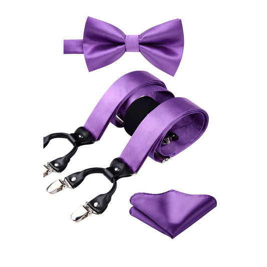 Hisdern Solid Suspenders Pre-Tied Bow Tie Set Purple Formal Wedding Outfit