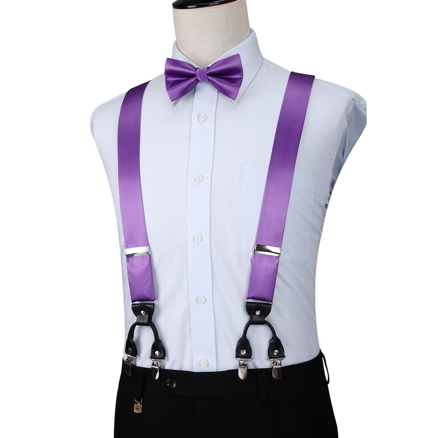 Hisdern Solid Suspenders Pre-Tied Bow Tie Set Purple Formal Wedding Outfit