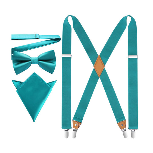 Hisdern Aqua Solid Suspenders Pre-Tied Bow Tie Set Formal Wedding