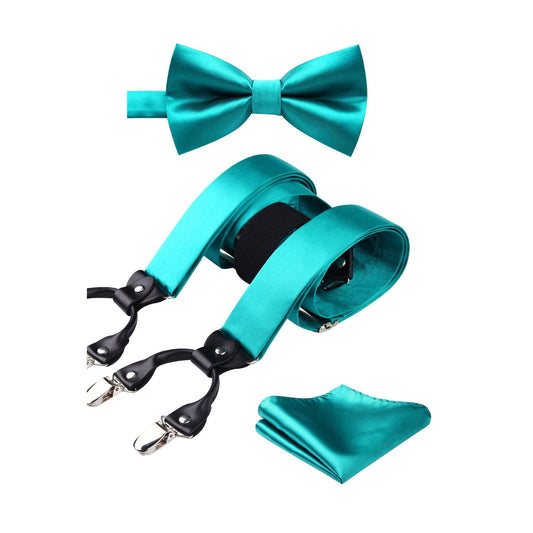 Hisdern Solid Suspenders Pre-Tied Bow Tie Set Aqua Formal Wedding Outfit