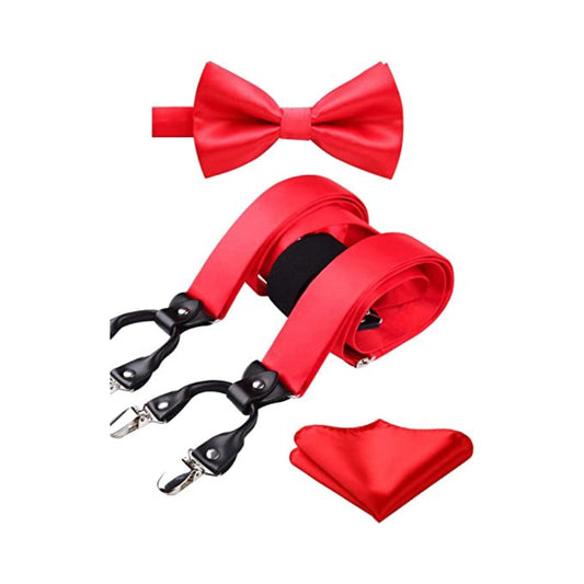 Hisdern Solid Suspenders Pre-Tied Bow Tie Set Red Formal Wedding Outfit