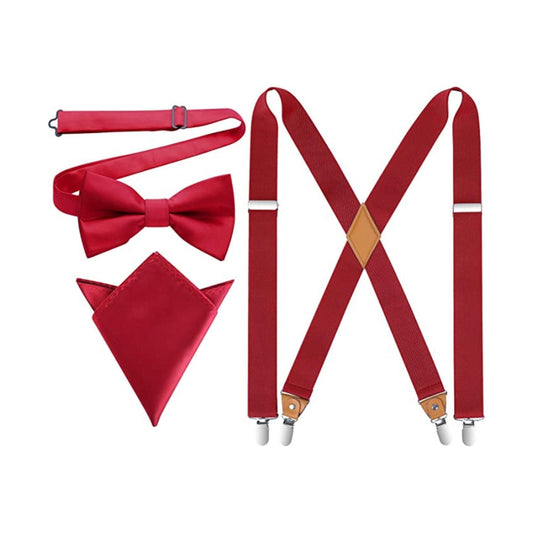 Hisdern Red Solid Suspenders Pre-Tied Bow Tie Set Formal Wedding