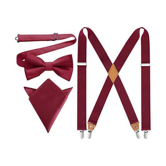 Hisdern Red Solid Suspenders Pre-Tied Bow Tie Set Formal Wedding