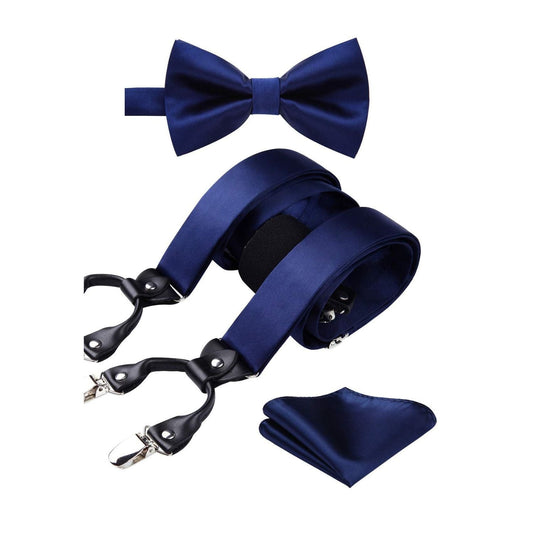 Hisdern Solid Suspenders Pre-Tied Bow Tie Set Navy Blue Formal Wedding Outfit