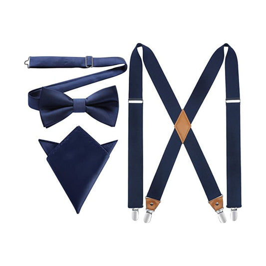 Hisdern Navy Blue Solid Suspenders Pre-Tied Bow Tie Set Formal Wedding