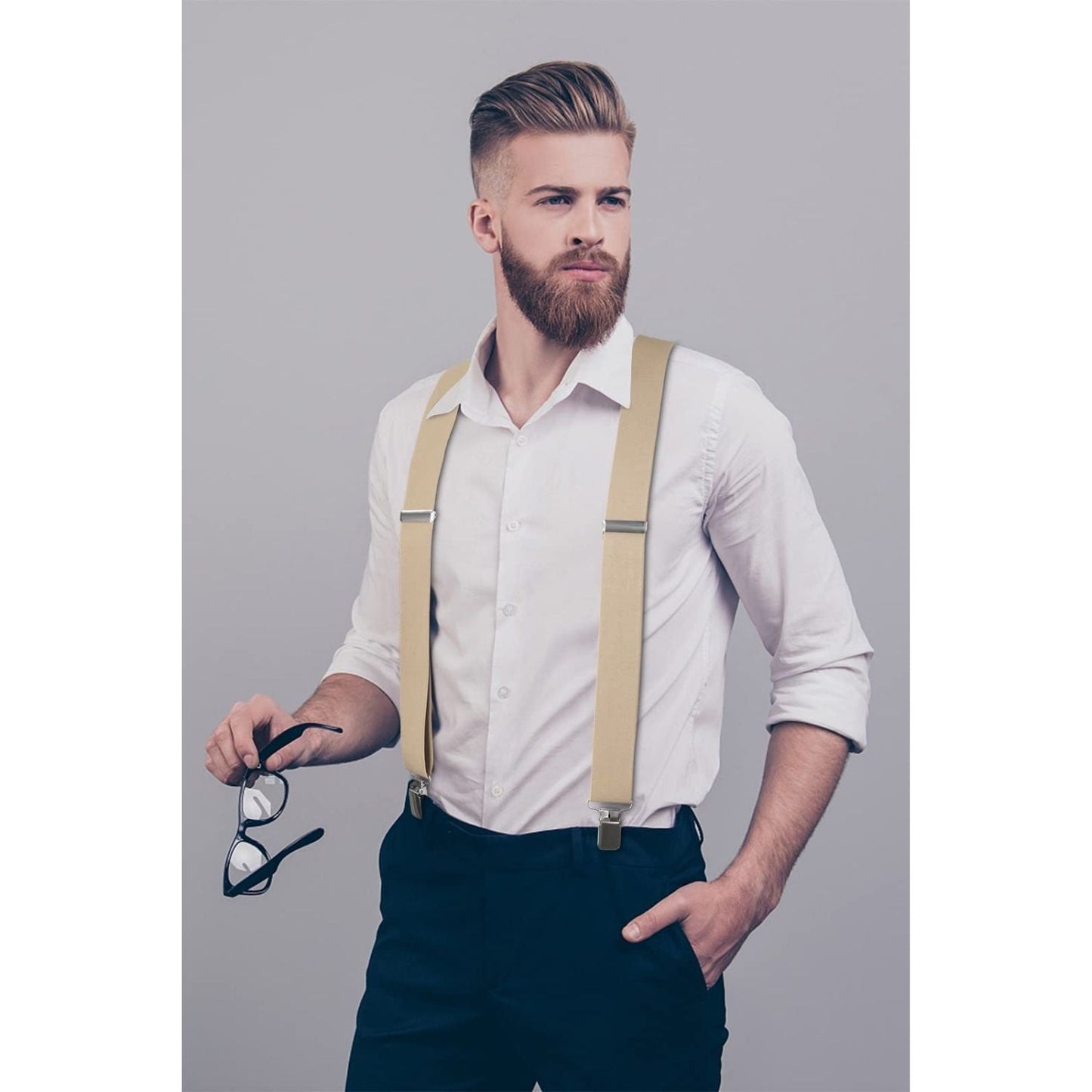 Hisdern 2 Inch Adjustable Suspender Khaki with 4-Clip for Formal Pants