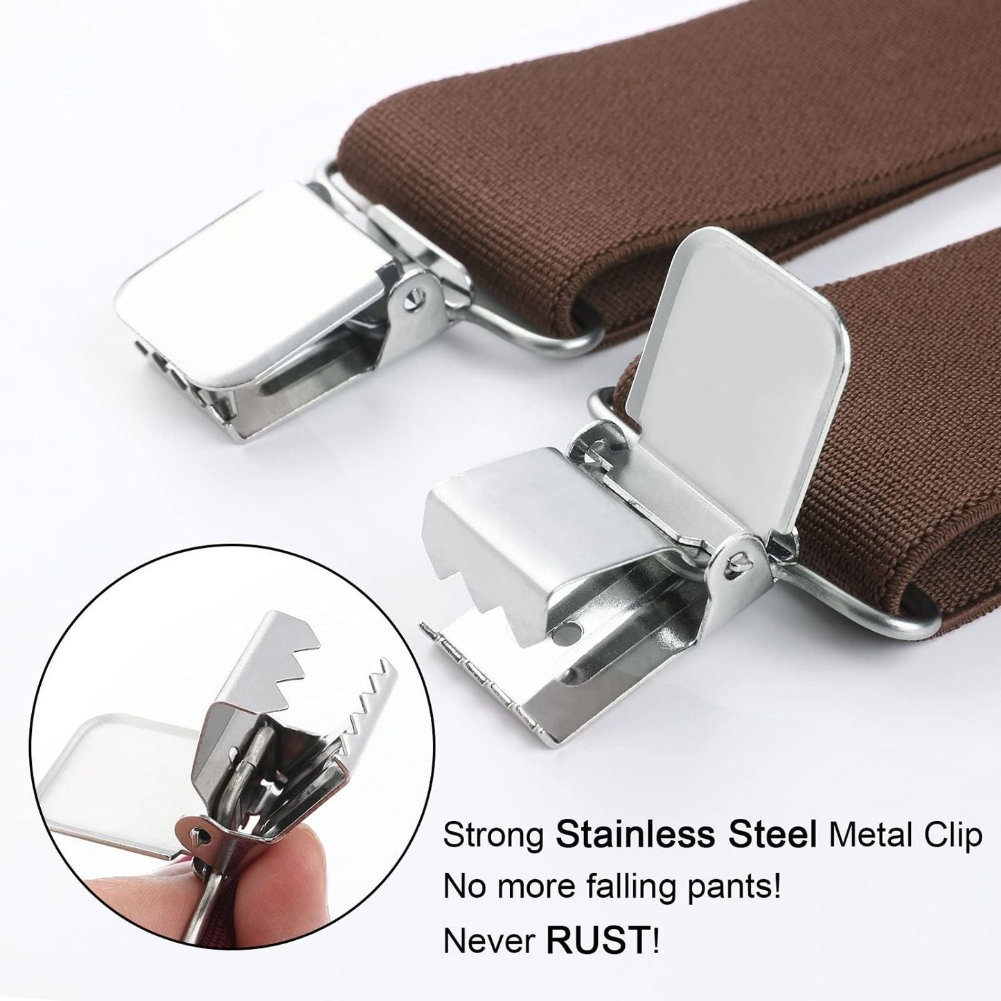 Hisdern 2 Inch Adjustable Suspender Brown with 4-Clip for Formal Pants