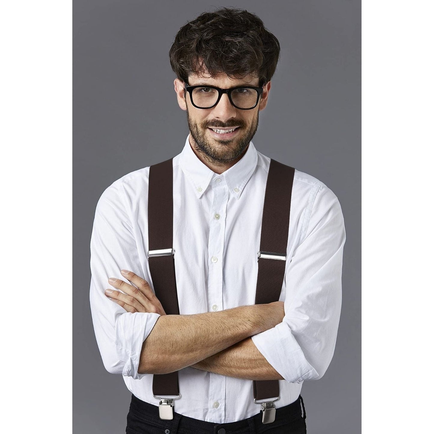 Hisdern 2 Inch Adjustable Suspender Brown with 4-Clip for Formal Pants