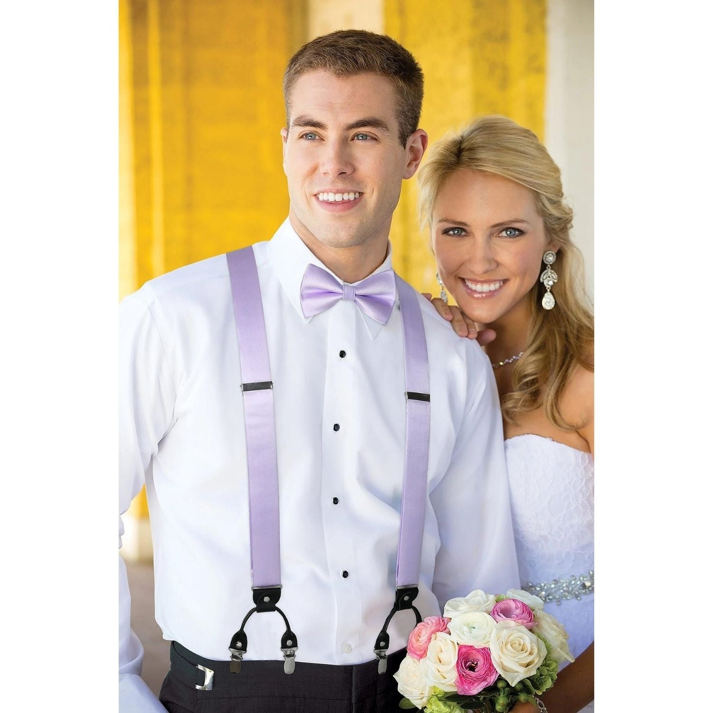 Hisdern Solid Suspenders Pre-Tied Bow Tie Set Lavender Formal Wedding Outfit