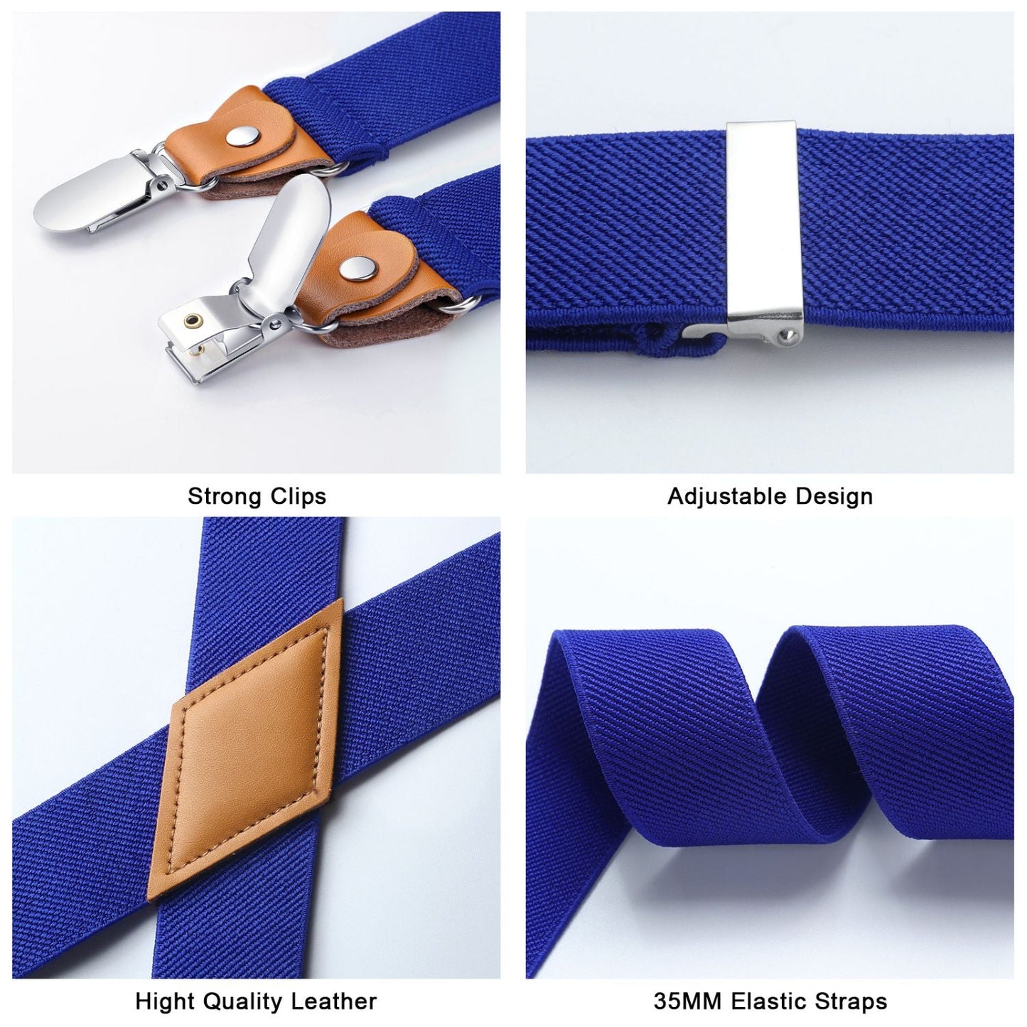Hisdern 1.4 Inch Adjustable Suspender Royal Blue with 4-Clip for Formal Pants