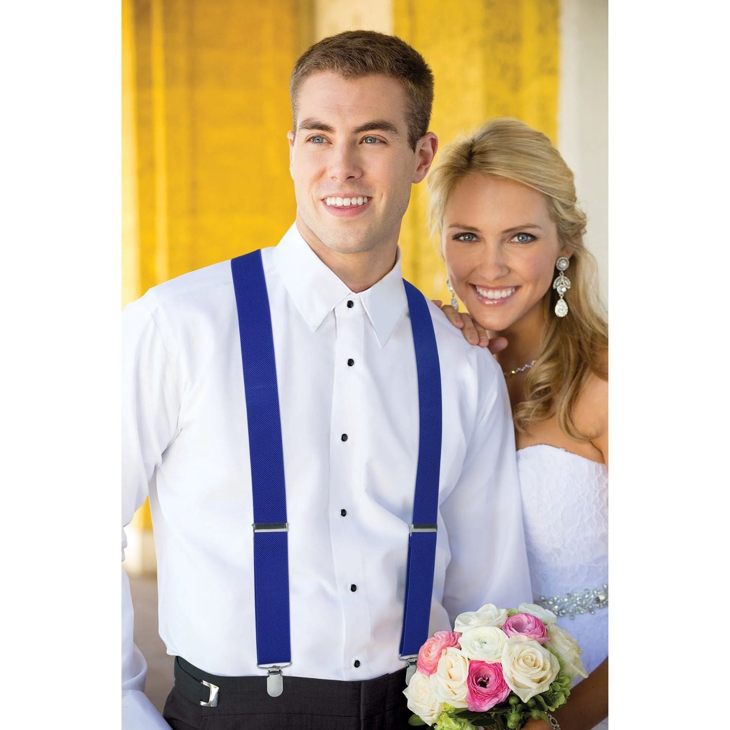 Hisdern 1.4 Inch Adjustable Suspender Royal Blue with 4-Clip for Formal Pants