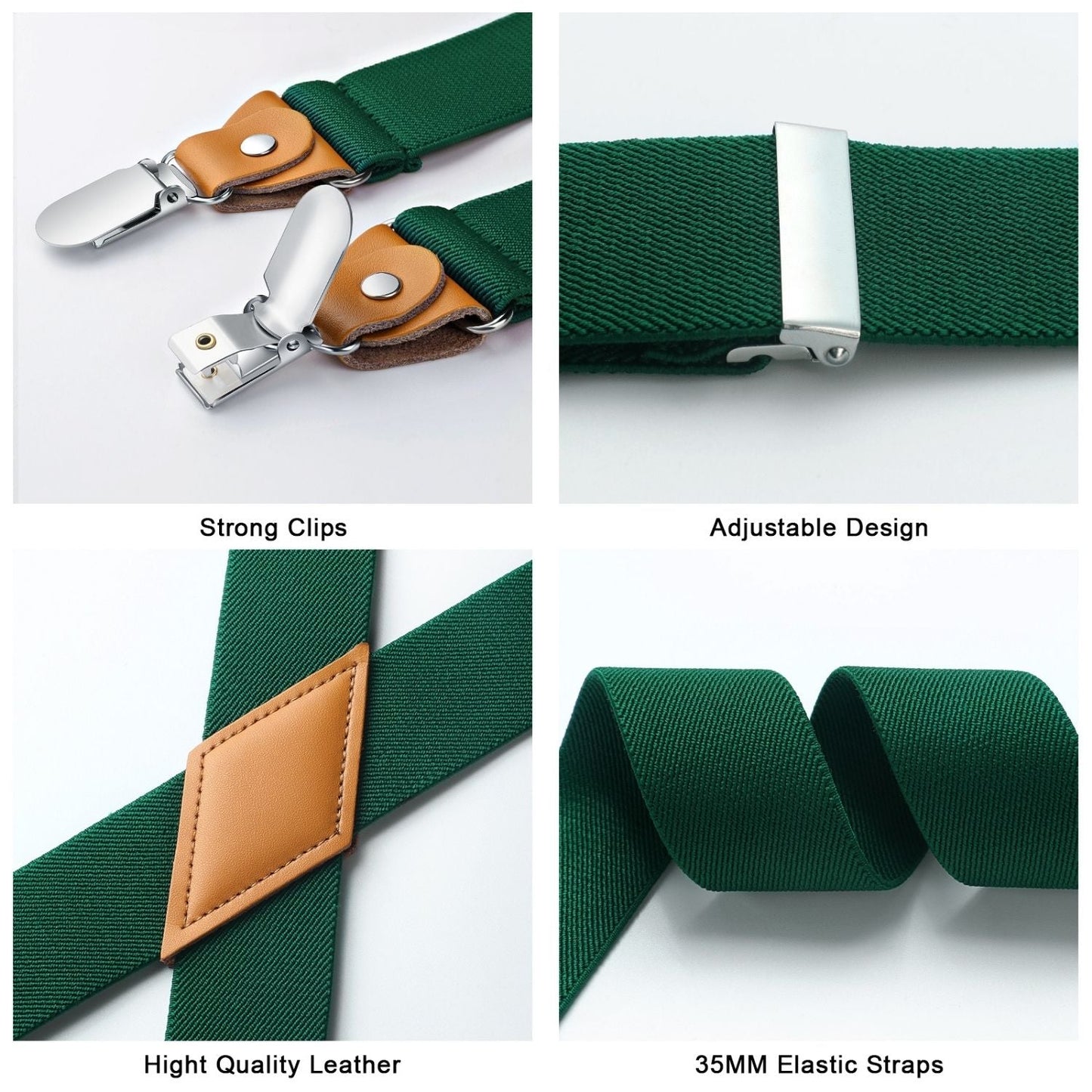 Hisdern 1.4 Inch Adjustable Suspender Green with 4-Clip for Formal Pants