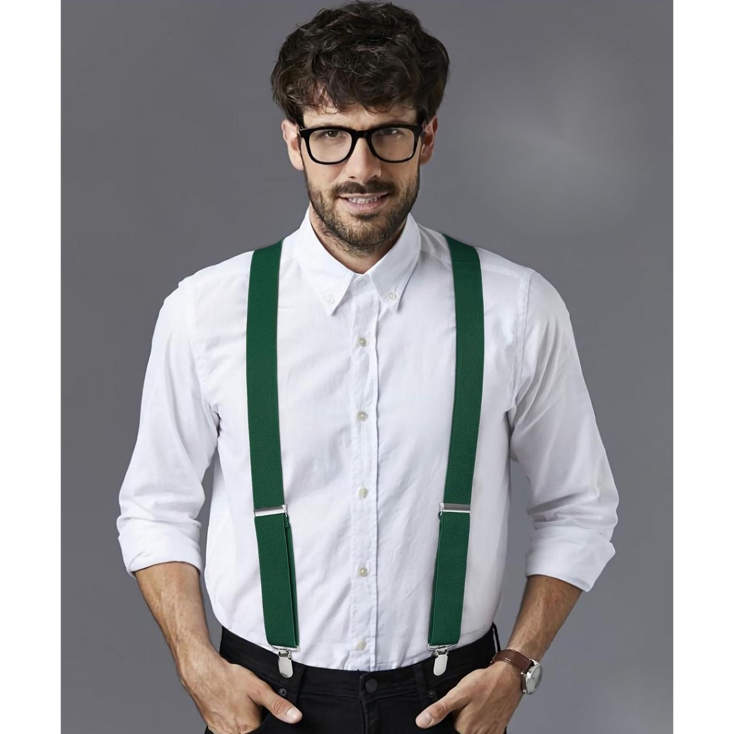 Hisdern 1.4 Inch Adjustable Suspender Green with 4-Clip for Formal Pants